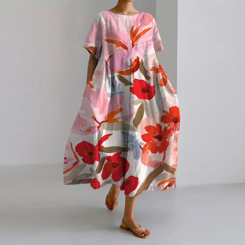 Floral Print Round Neck Short Sleeve Oversized Midi Dress