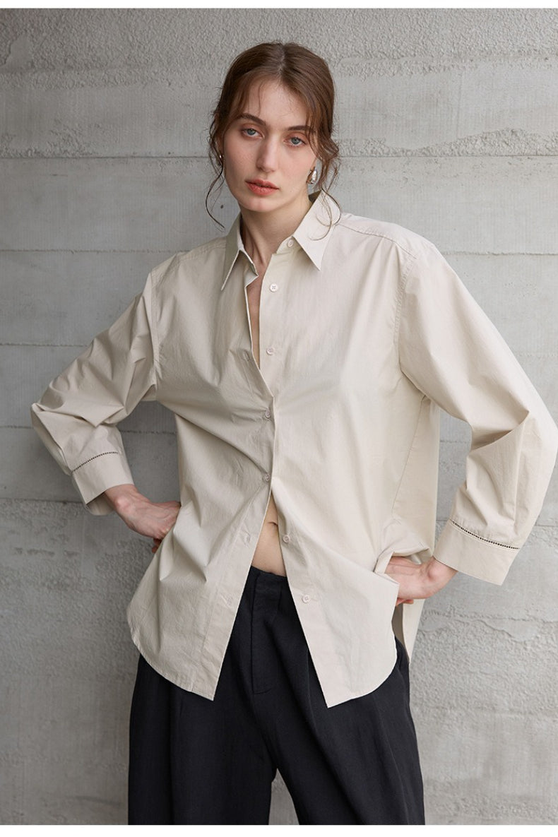 Collared Long Sleeve Curved Hem Relaxed Button Front Shirt 12