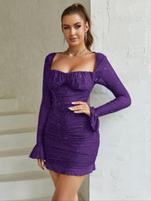 Glitter Mesh Square Neck Long Sleeve Ruched Bustier Mini Dress 4