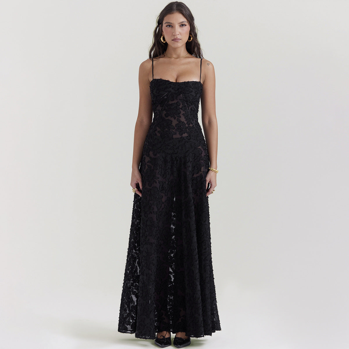 Textured Lace Cami Corset Seam Drop Waist Maxi Dress