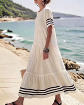 Striped Trim Short Sleeve Tiered Maxi Dress 8