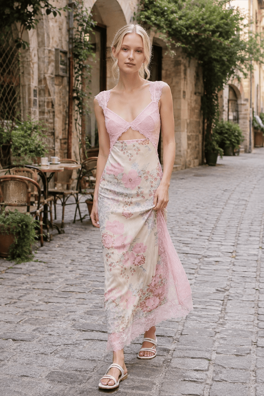 Patchwork Backless Lace Floral Maxi Dress