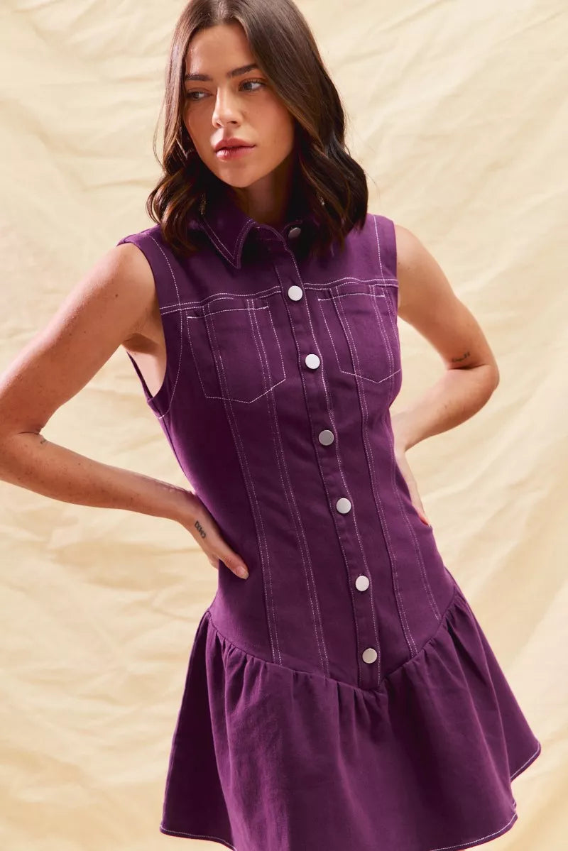 Contrast Stitch Collared Sleeveless Button Front Drop Waist Mini Dress 5