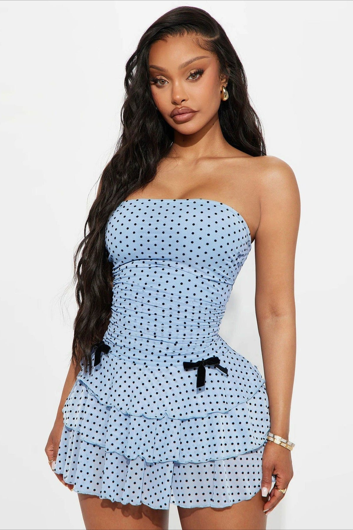 Polka Dot Mesh Strapless Ruched Bow Tiered Ruffle Mini Dress