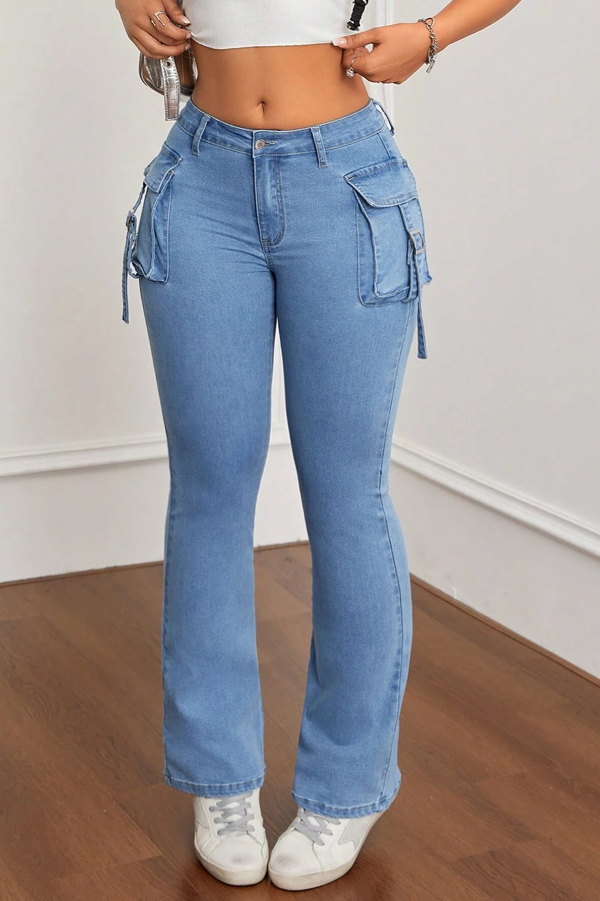 High Waist Cargo Flap Pocket Slim Fit Flare Leg Jeans 5