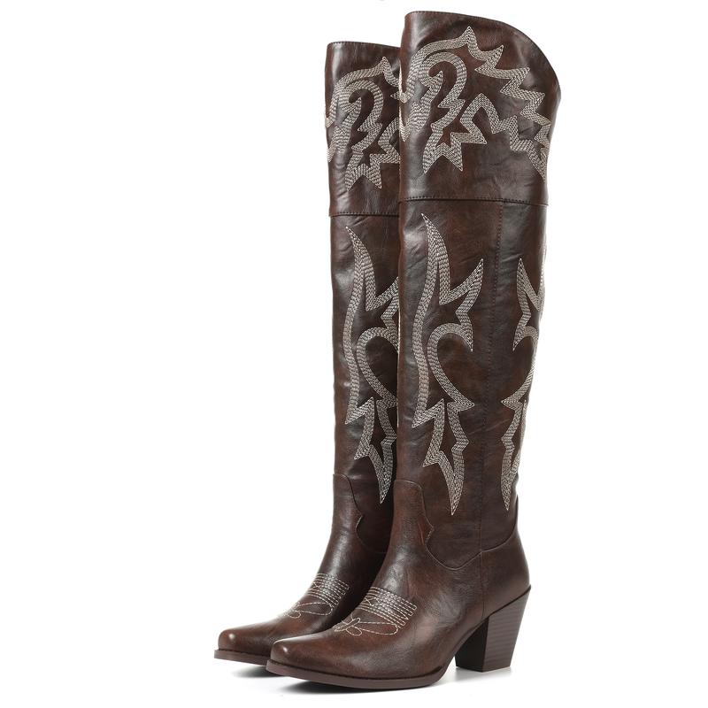 Embroidered Block Heel Over The Knee Cowboy Boots