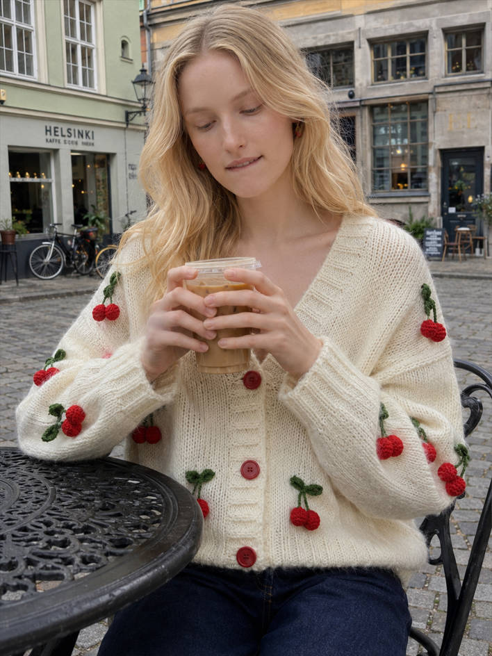 Cherry Embroidered Knit Cardigan Sweater