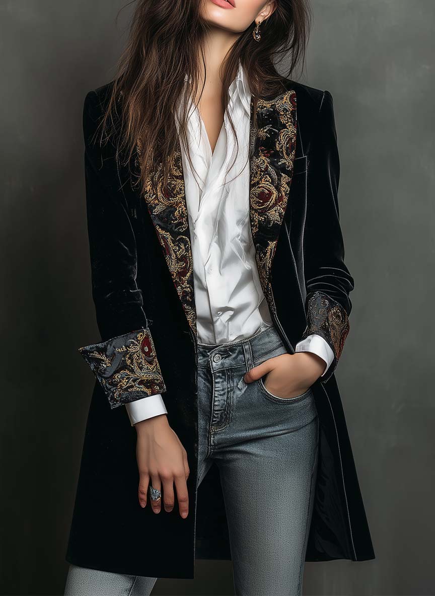 Baroque Print Lapel Velvet Longline Blazer