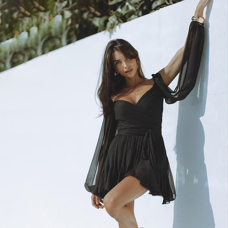 Chiffon Wrap V-Neck Split Balloon Sleeve Tie Waist Ruffle Mini Dress 23