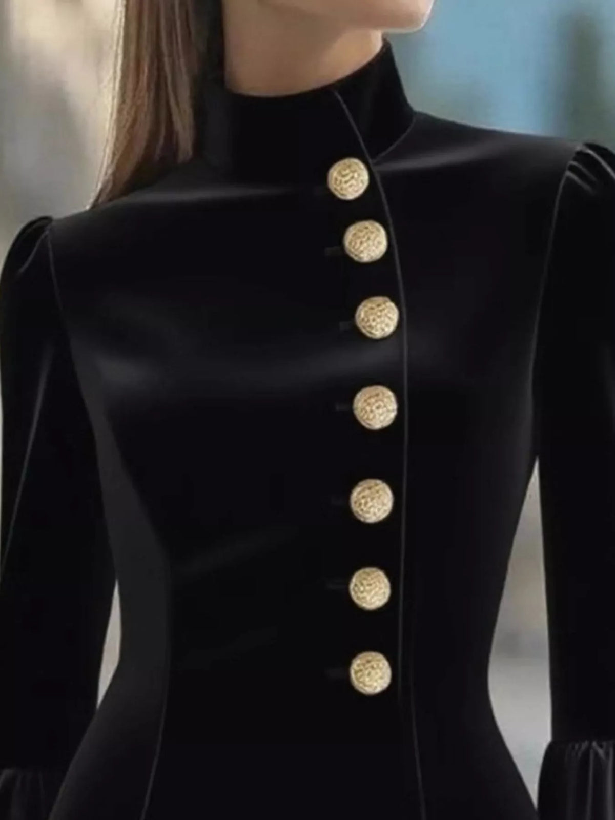 Velvet Mock Neck Bell Sleeve Button Front Mini Dress 2