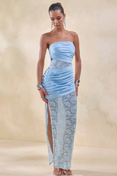 Strapless Sheer Lace High Slit Backless Maxi Lace Dress