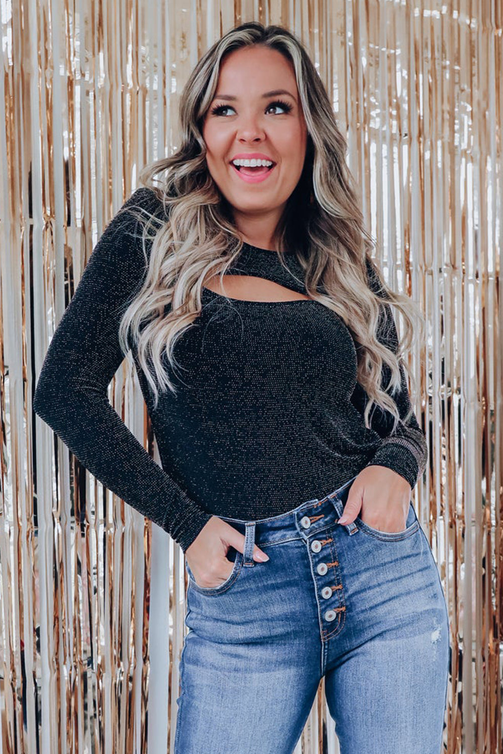 Arm Out In Top Long Metallic Cut Sparkle Black