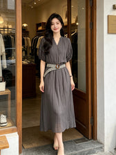 V-Neck Short Sleeve Crinkle Loose Maxi Dress 15