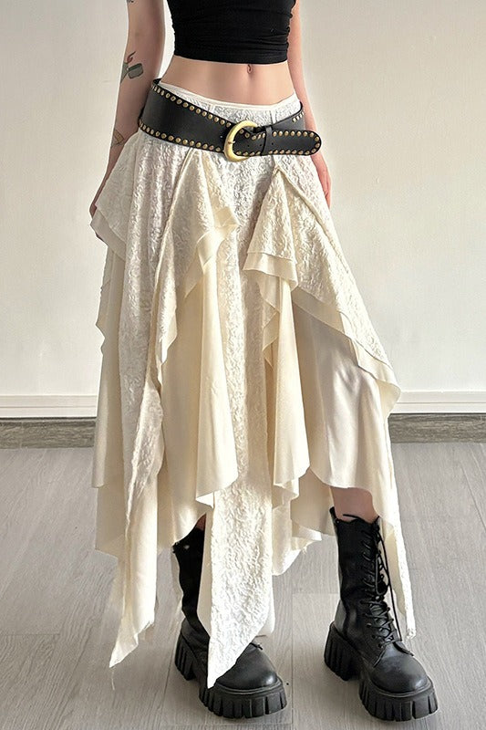 Textured Lace Cascading Ruffle Handkerchief Hem Midi Skirt 2