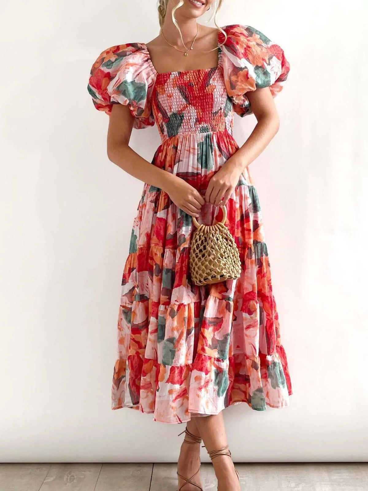 Floral Off Shoulder Smocked Puff Sleeve Tiered Maxi Dress 7