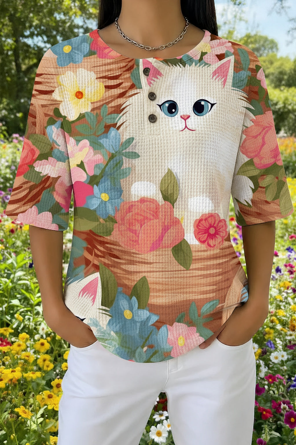 Cat in Basket Floral Print Waffle Knit Short Sleeve Henley Top