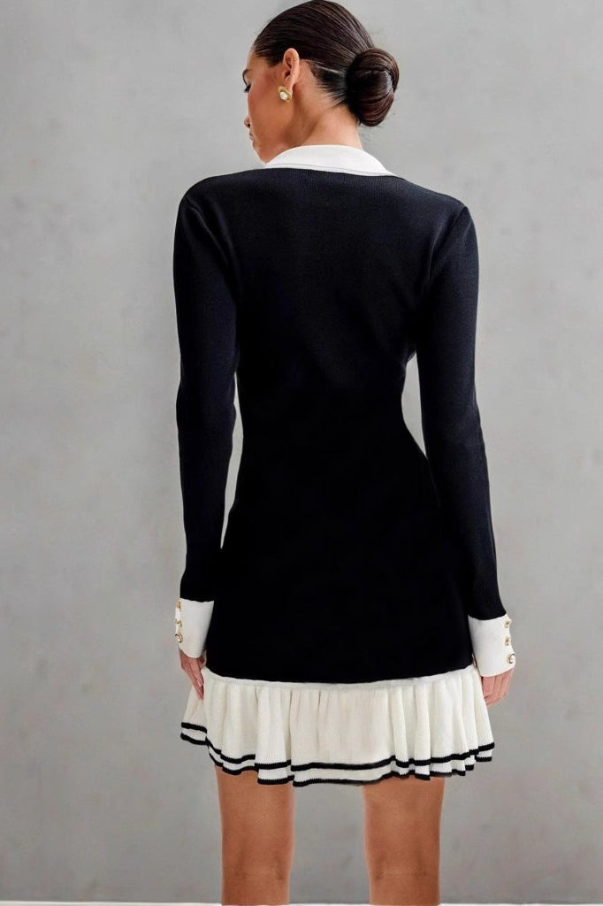 Pearl Button Ruffled Collar Knit Sweater Dress