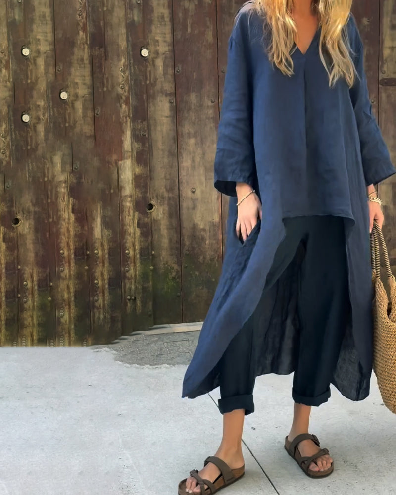 Long Sleeve V-Neck Tunic Top and Tapered Pants Two Piece Set