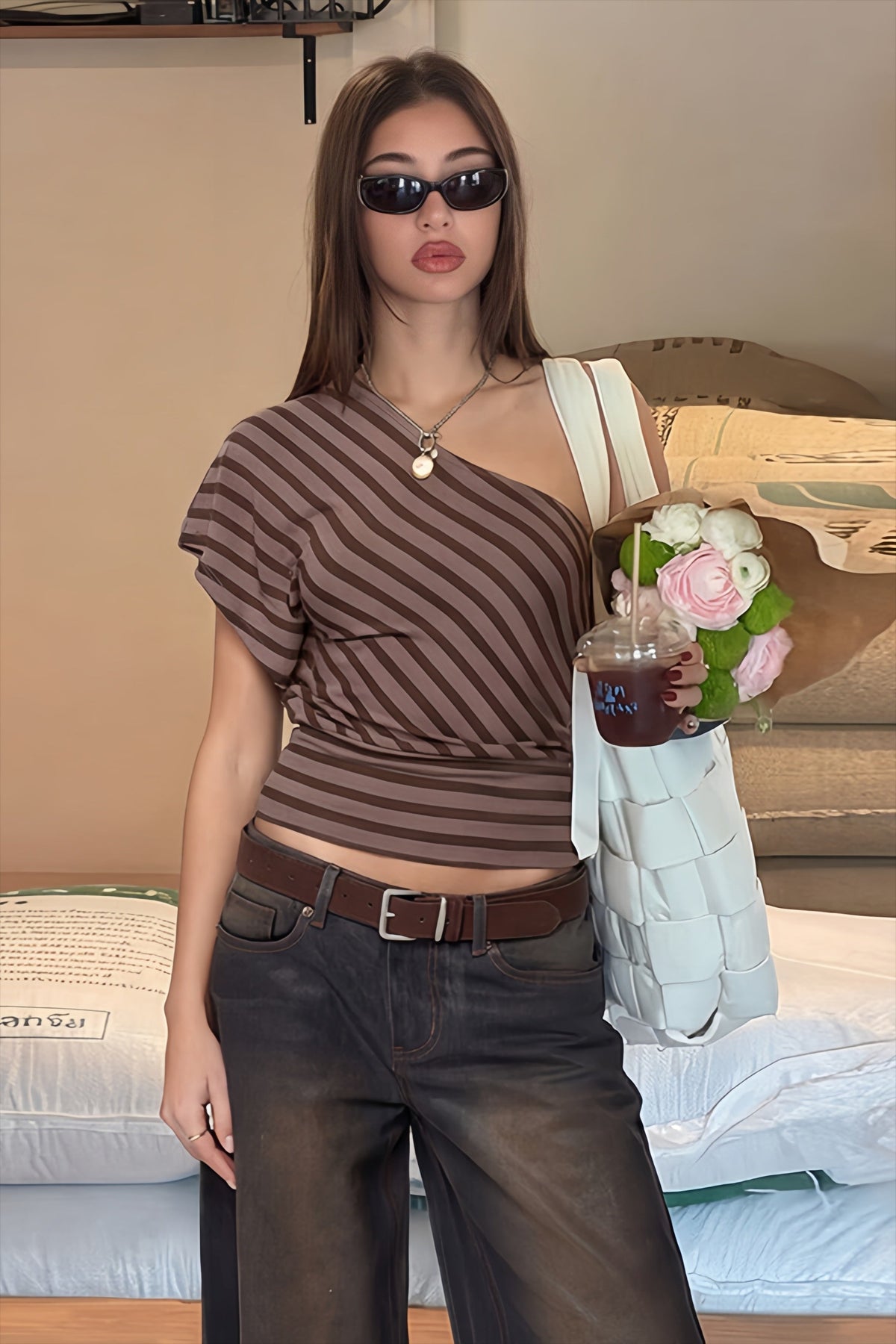 Striped One Shoulder Short Sleeve Asymmetric Fitted Top 2