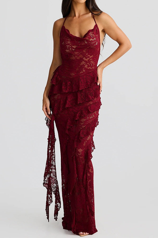 Halter V-Neck Lace Backless Bodycon Maxi Lace Dress