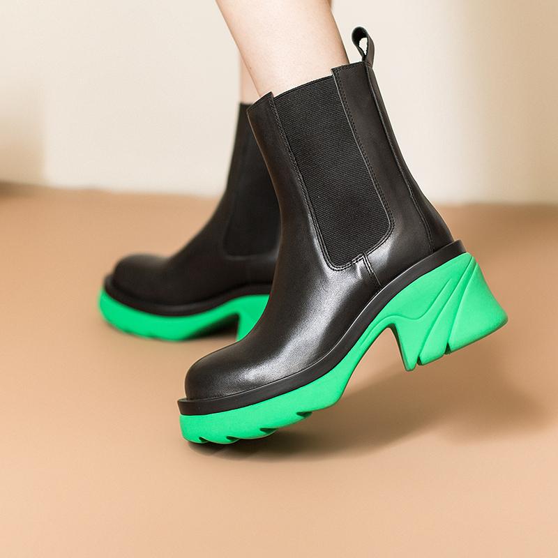 Colorful Sole Leather Chelsea Boots Designer Retro Chunky Riding Boots High Heel Handmade