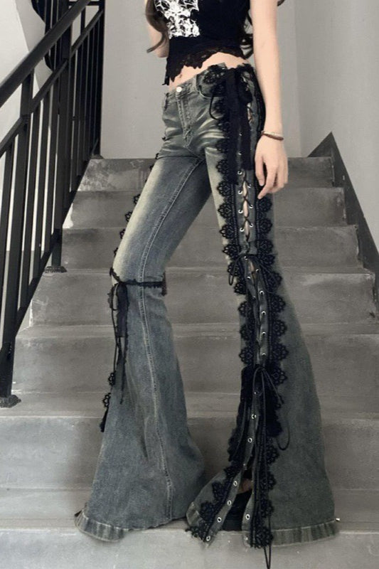 Vintage Washed Lace Flared Denim Jeans