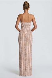 Strapless Lace Vertical Bodycon Maxi Lace Dress