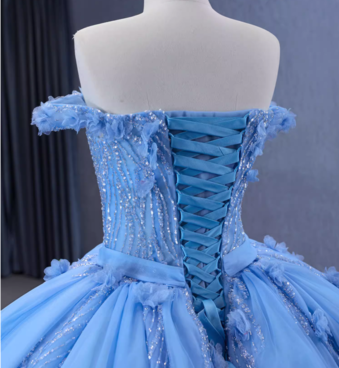 Glitter Blue Ball Gown Tulle Off the Shoulder Sequins Appliques Prom Dress  cc1724