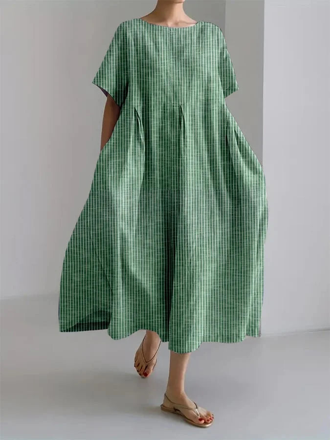 Striped Round Neck Short Sleeve Pocket A-Line Midi Dress Summer