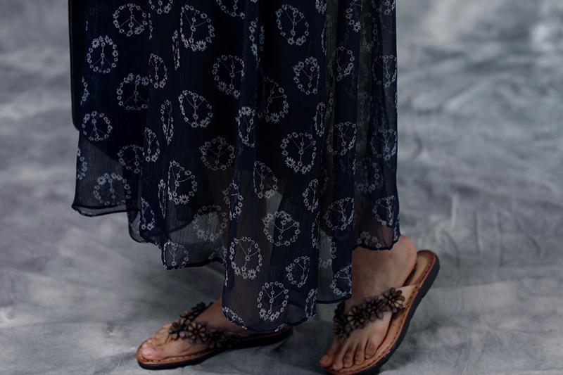 Peace Sign Print Henley Neck Short Sleeve Drawstring Chiffon Layered Maxi Dress