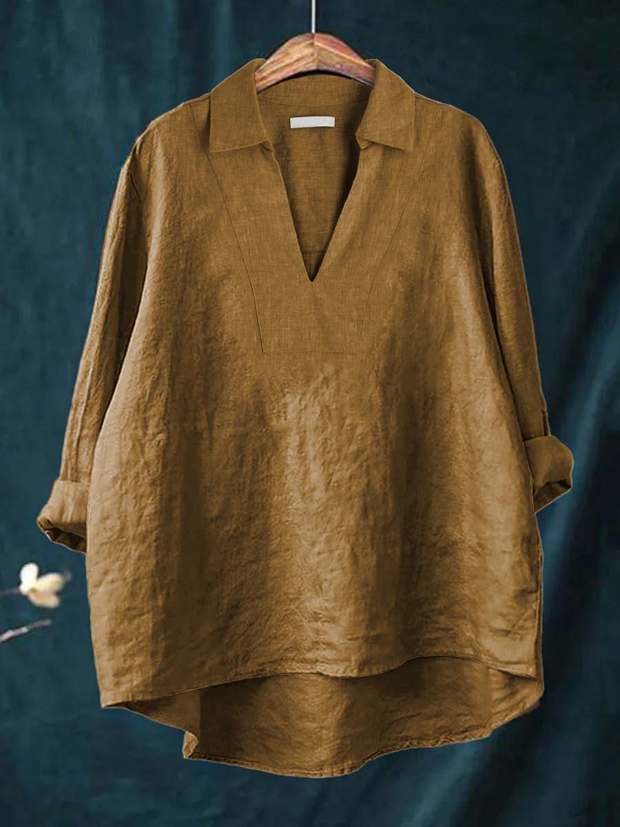 Collared V-Neck Long Sleeve Linen Look Popover Top