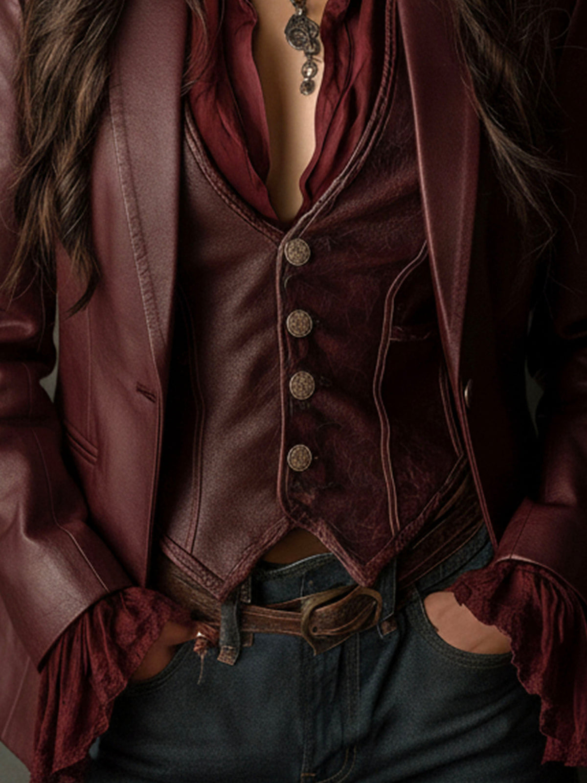 Faux Leather Ruffle Cuff Single Button Blazer