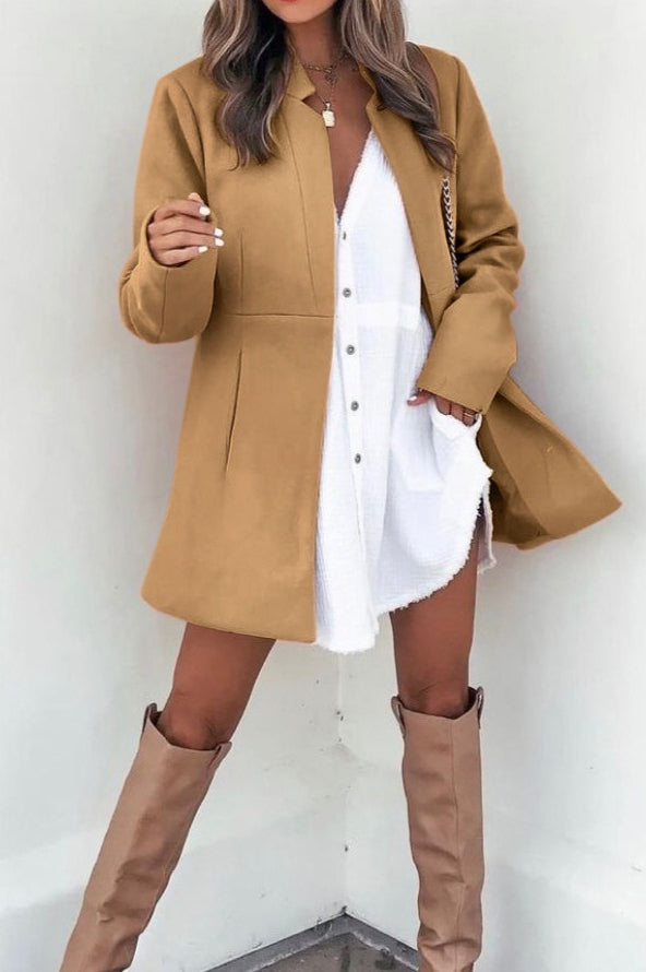 Collarless Open Front Long Sleeve Seamed Mid Length Coat 22