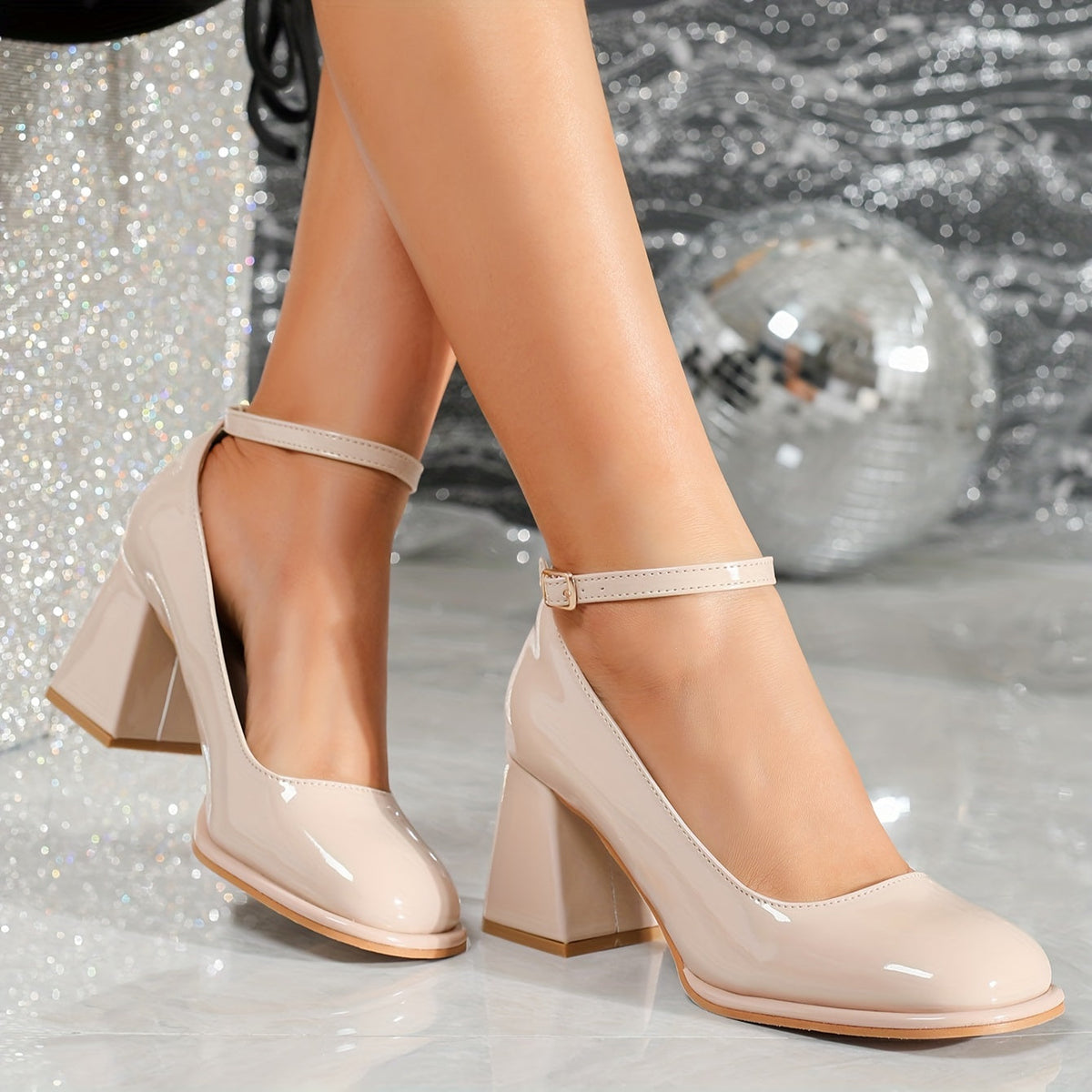 Patent Look Ankle Strap Block Heel Mary Jane Pumps