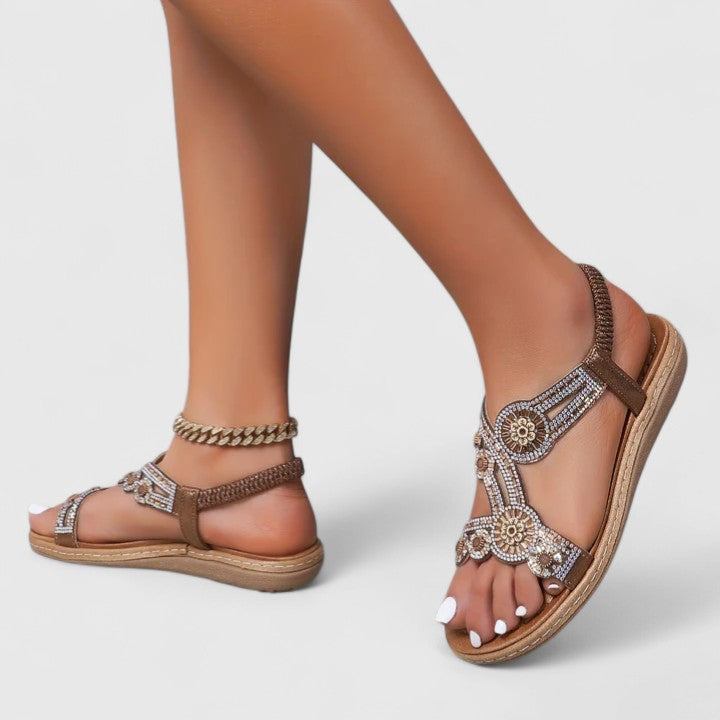 Open Toe Embellished T-Strap Flat Sandals