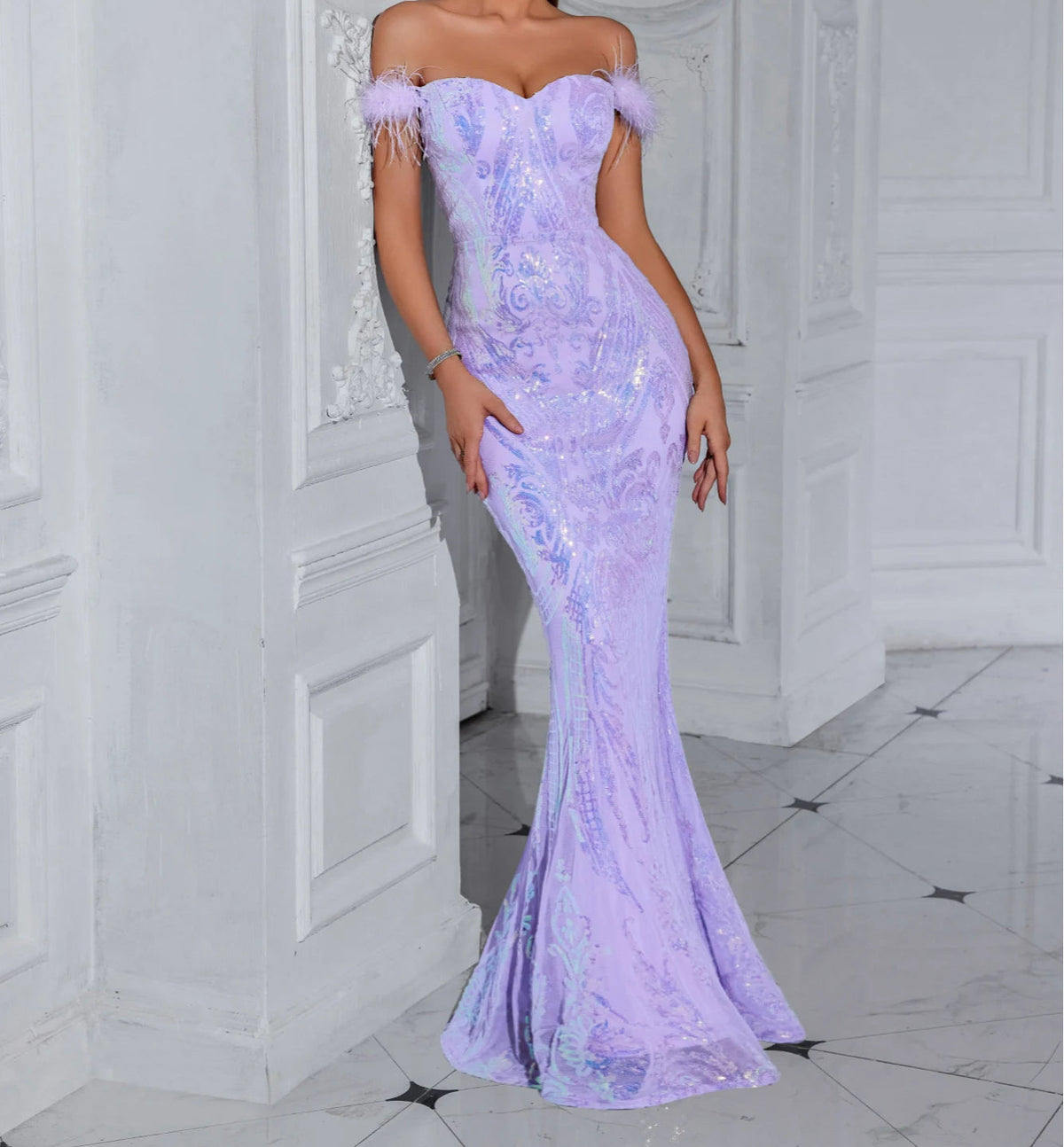 Sequin Off Shoulder Faux Feather Strap Sweetheart Mermaid Gown 4