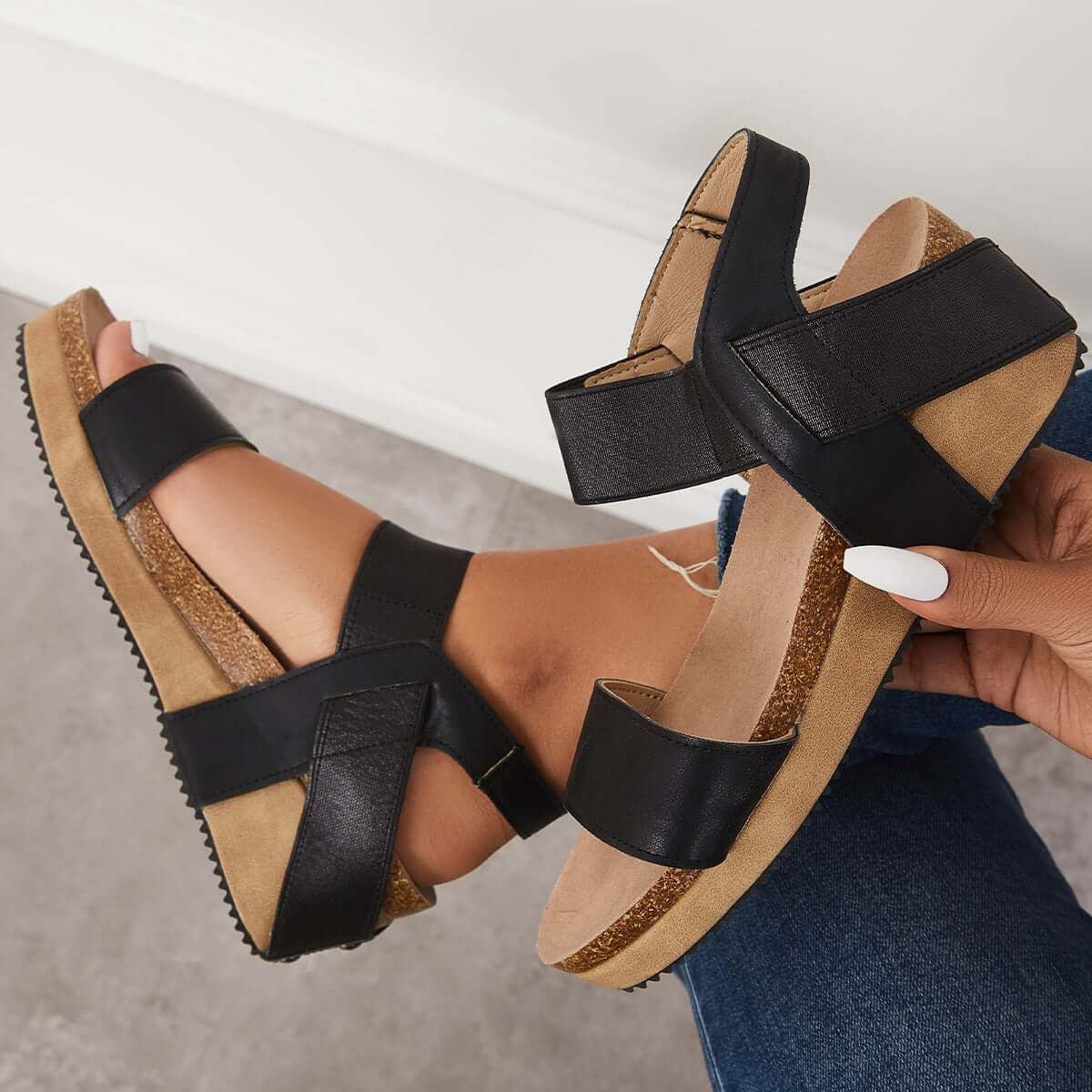 Open Toe Cork Footbed Platform Wedges Ankle Strap Sandals