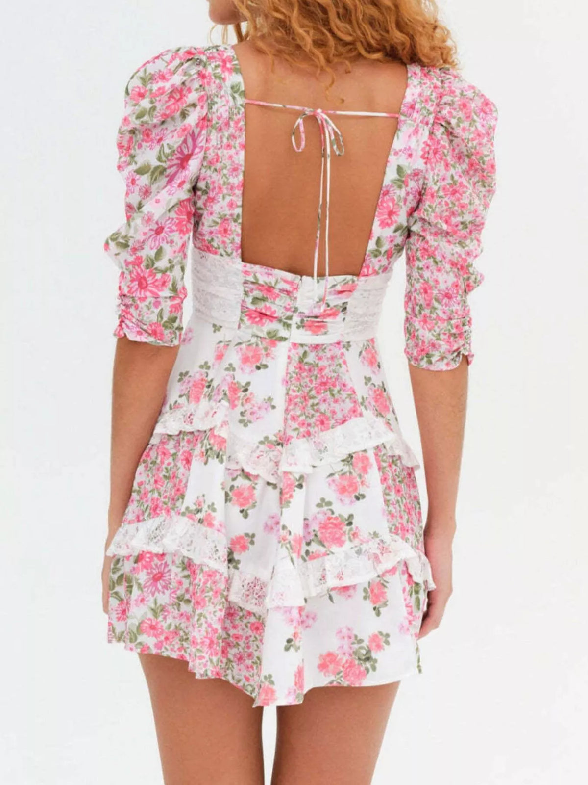 Floral Print Lace Trim Corset Waist Puff Sleeve Tiered Mini Dress 10