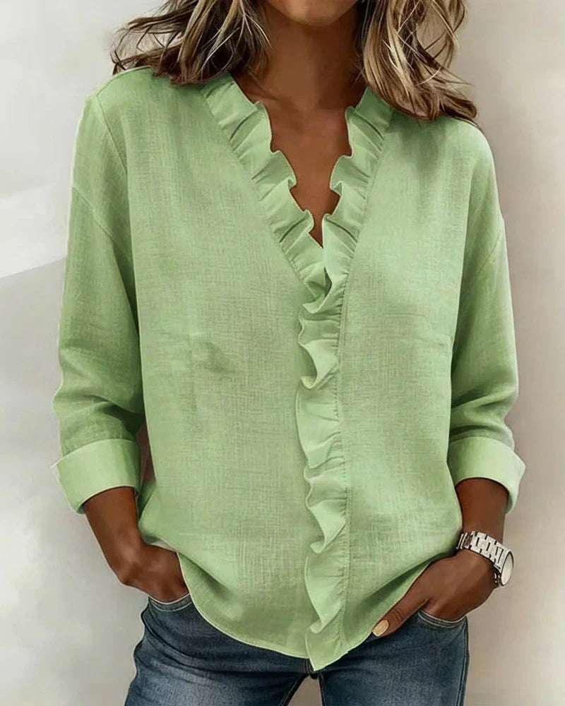 Ruffle Placket V-Neck Long Sleeve Blouse