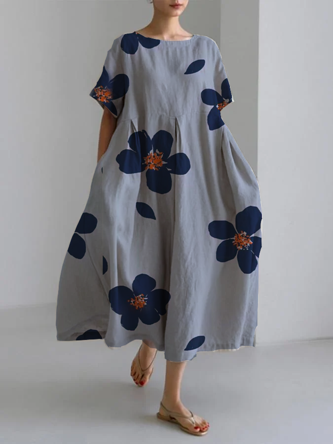 Floral Print Round Neck Short Sleeve Pocket Maxi Dress