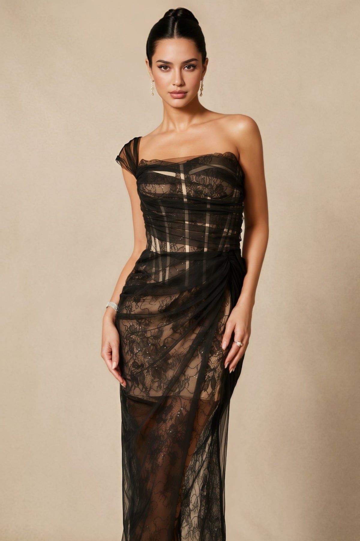 One Shoulder Corset Lace Sheer Mesh Overlay Draped Split Maxi Dress 4