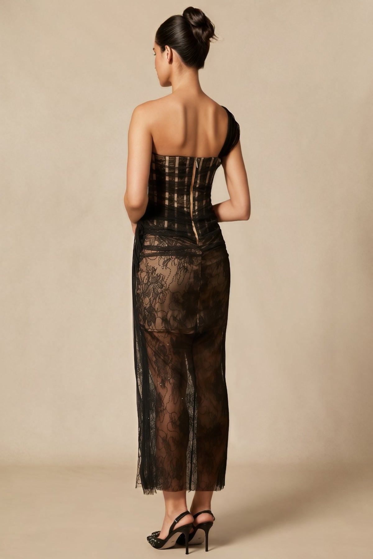 One Shoulder Corset Lace Sheer Mesh Overlay Draped Split Maxi Dress 6