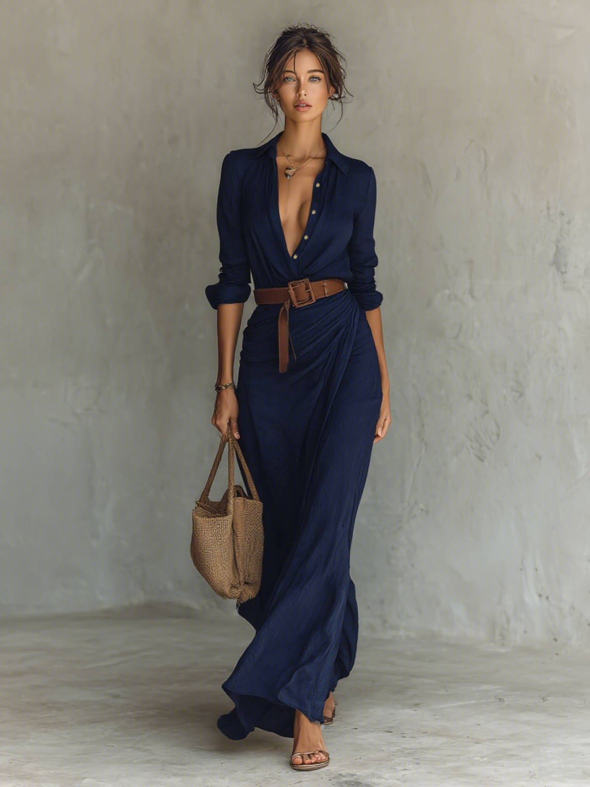 Collared Button Front Long Sleeve Ruched Wrap Maxi Shirt Dress