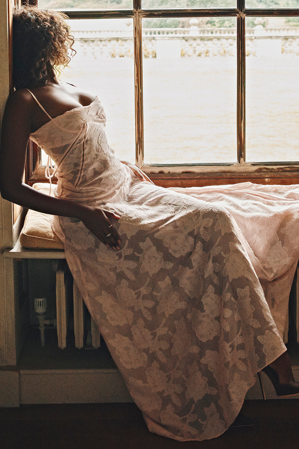 Floral Lace Spaghetti Strap Corset Bodice Sheer Mesh Maxi Gown