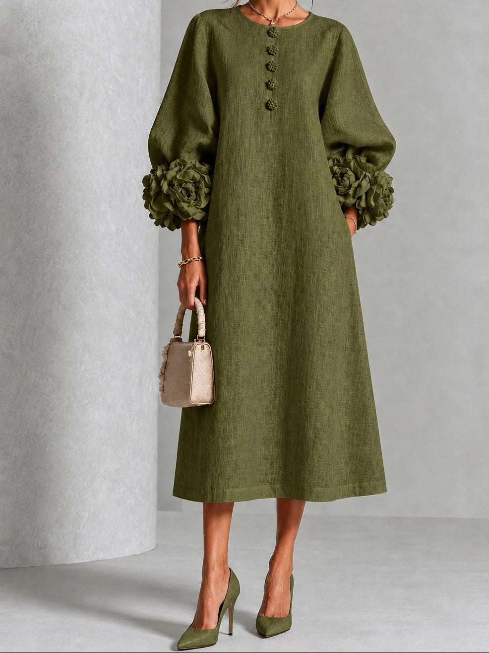Round Neck 3D Floral Cuff Button Front Midi Dress