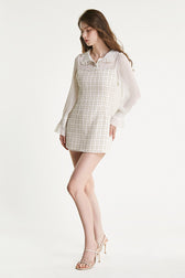 White Mesh Yoke Tweed Mini Dress - View 2