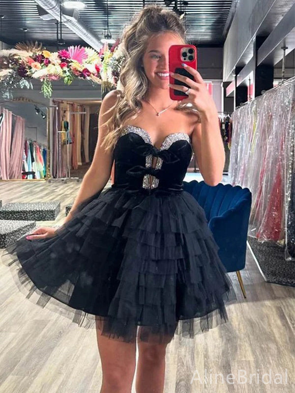 Velvet Sweetheart Strapless Rhinestone Bow Tiered Tulle Homecoming Dress