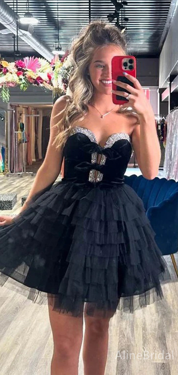 Velvet Sweetheart Strapless Rhinestone Bow Tiered Tulle Homecoming Dress 3