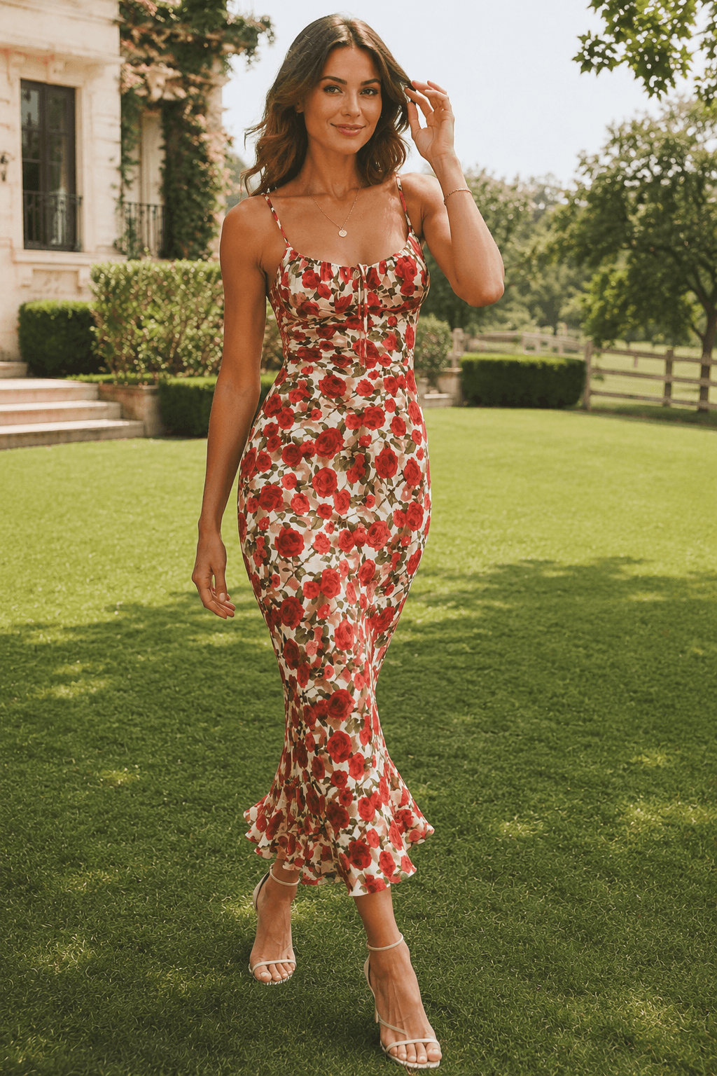 Square Neck Mermaid Midi Slim Strap Floral Dress
