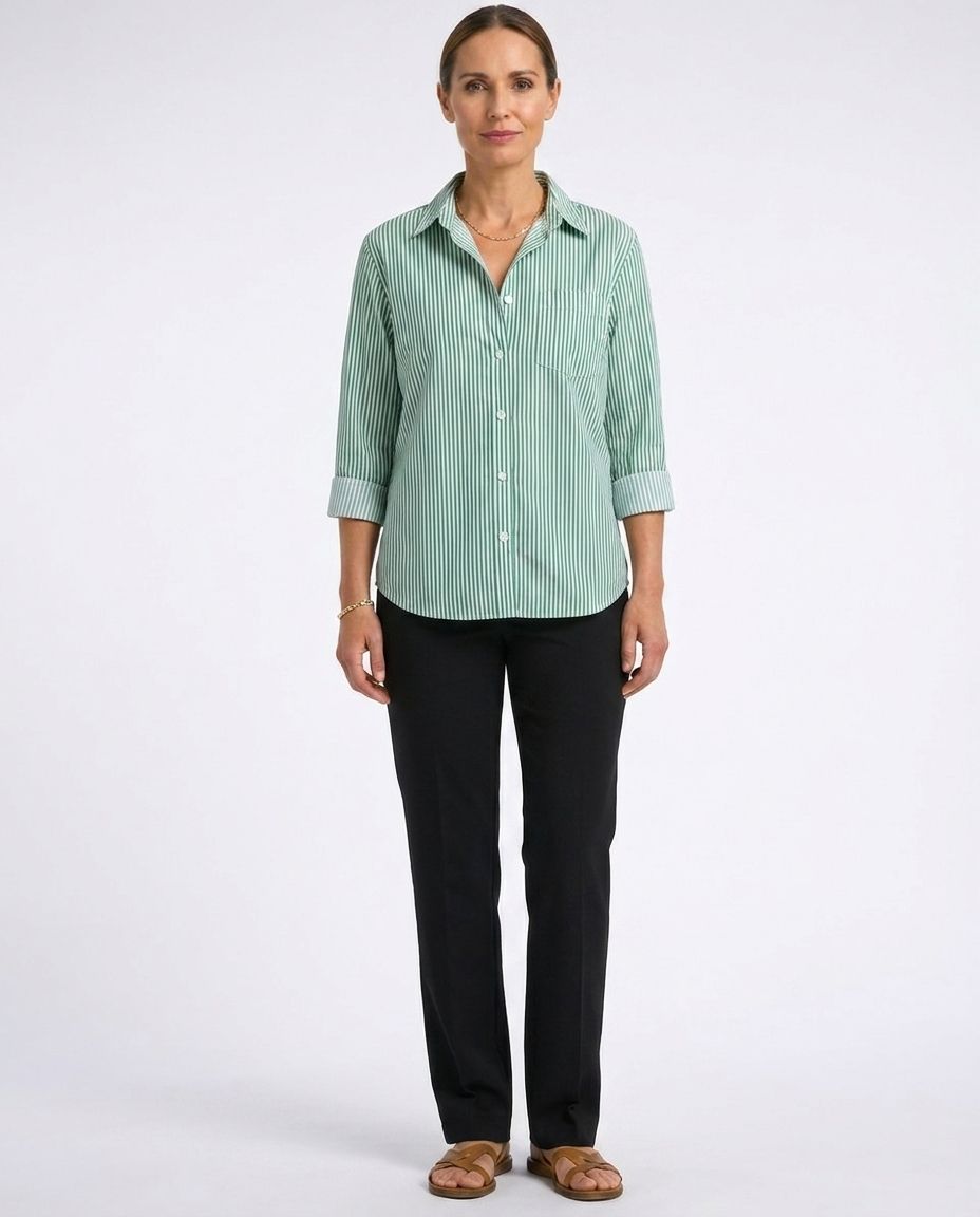 Striped Collared Three Quarter Sleeve Button Front Shirt